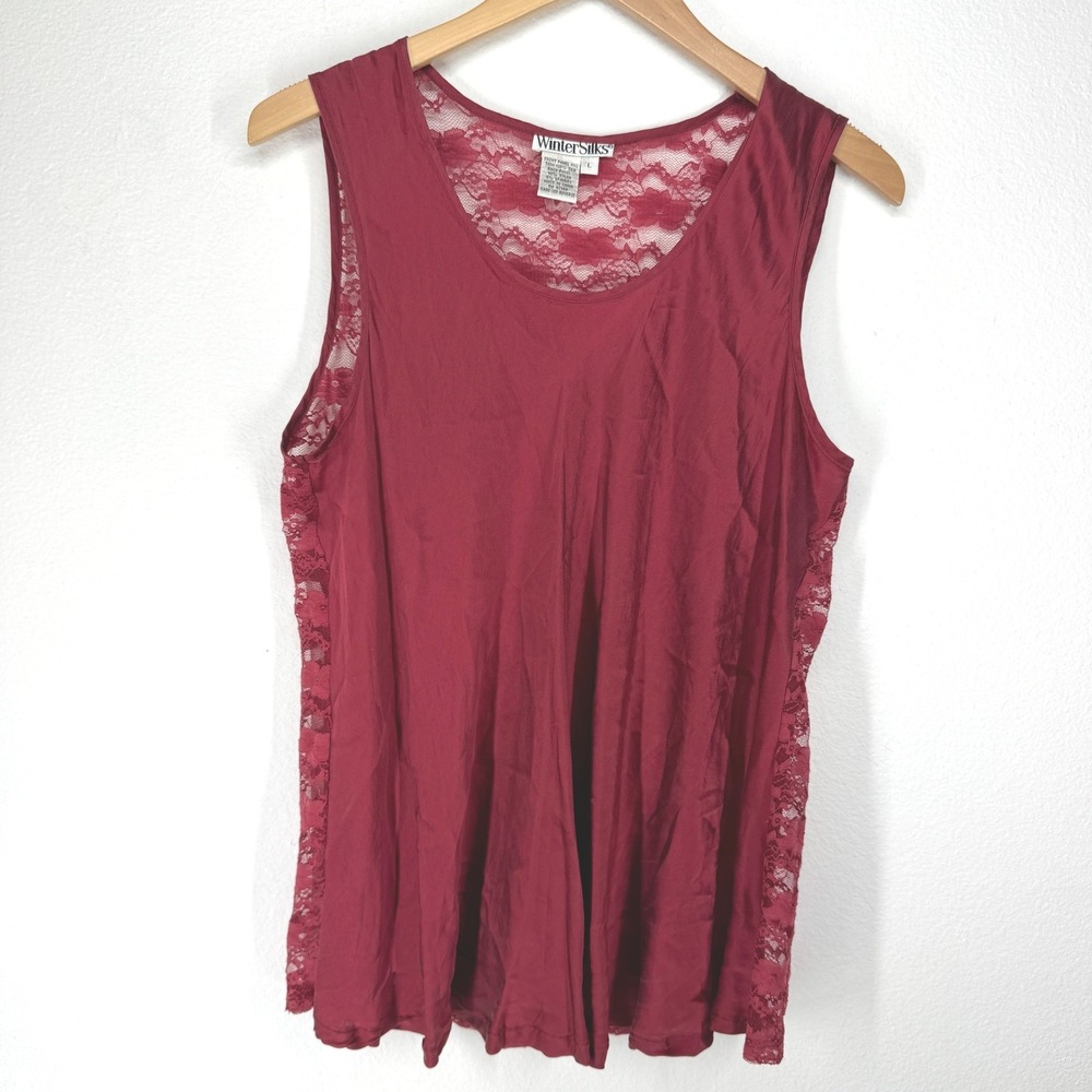 Vintage Silk‎ Sheer Lace Floral Tank Top Large Burgundy Festival Fairy Coquette